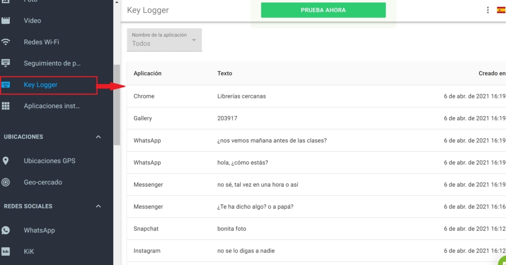 Vista de la opción del Keylogger en el panel de control de mSpy