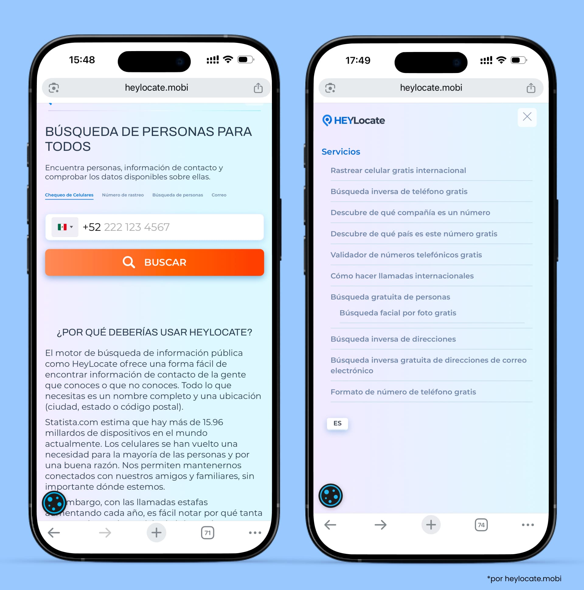 Página de inicio de HeyLocate con acceso a herramientas gratuitas como búsqueda de teléfono, búsqueda inversa por número, búsqueda de operador, búsqueda de código de país, verificador de números, cómo llamar al extranjero, búsqueda de personas, búsqueda facial por foto, búsqueda de direcciones, búsqueda inversa de correo electrónico y formateador de números de teléfono.