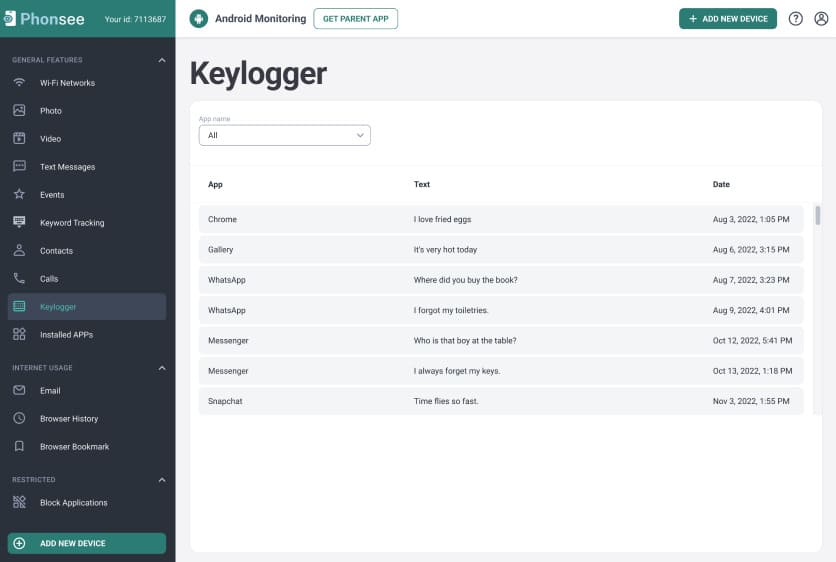 Vista de la opción del Keylogger en el panel de control de Phonsee