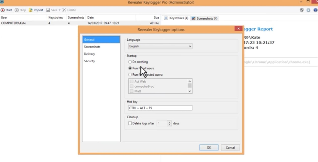 Captura de pantalla de las opciones del keylogger Revealer en el monitor del PC