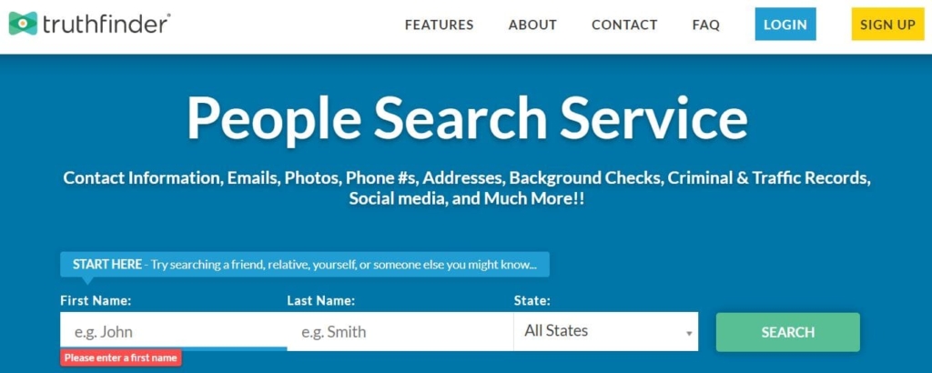 Vista de la página web oficial de TruthFinder donde puedes ingresar los datos de la búsqueda
