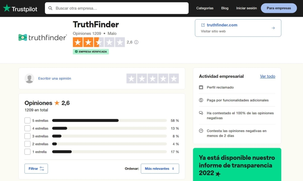 Reseñas de TruthFinder según TrustPilot