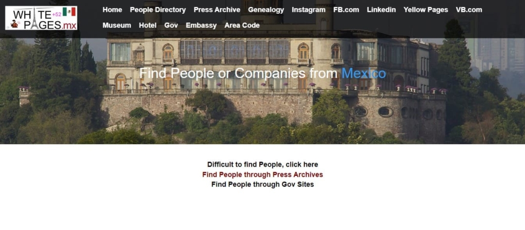 Vista de la página web principal de whitepages.mx