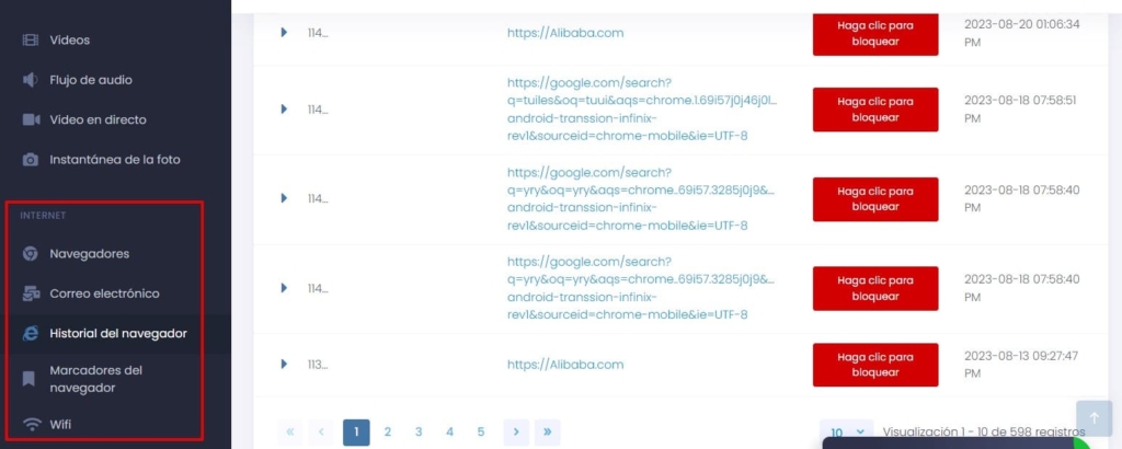 vista de la opción marcadores de navegador en el tablero de uMobix