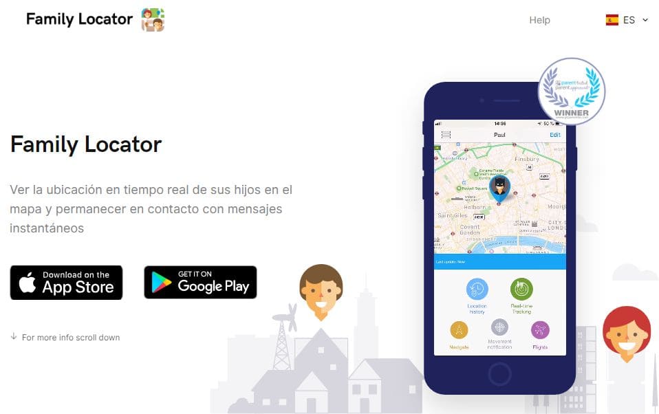 Vista del sitio de Family Locator con botones para aplicaciones móviles