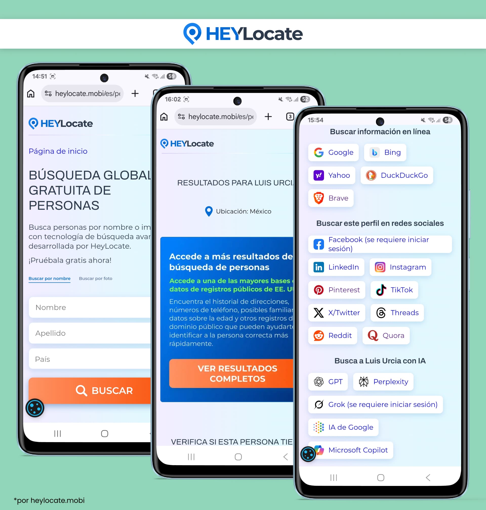HeyLocate muestra una búsqueda global gratuita de personas por nombre con páginas de resultados, búsqueda de perfiles en redes sociales, opciones de búsqueda con IA y ejemplos de búsqueda en la web pública.