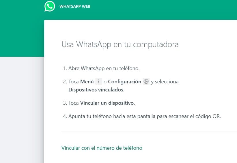 Captura del paso a paso para vincular el teléfono para abrir WhatsApp web