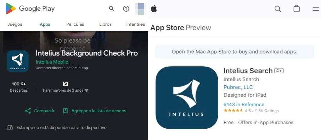 Dos capturas de pantalla de Intelius en las aplicaciones de Google Play Store y Apple Store