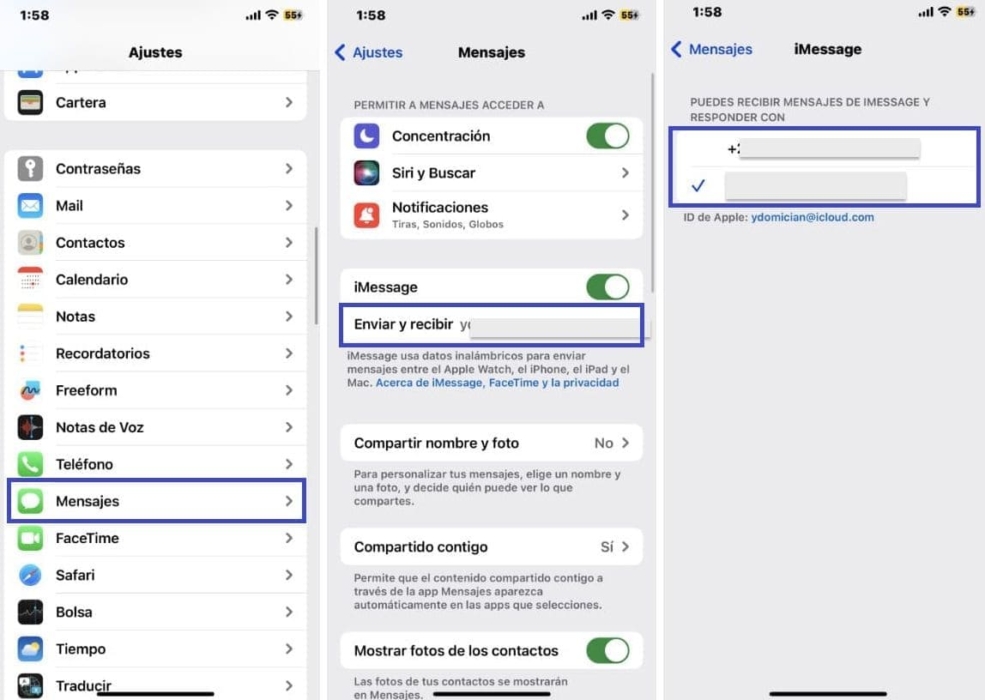 Capturas de pantalla de Ajustes en el iPhone para activar el reenvío de mensajes