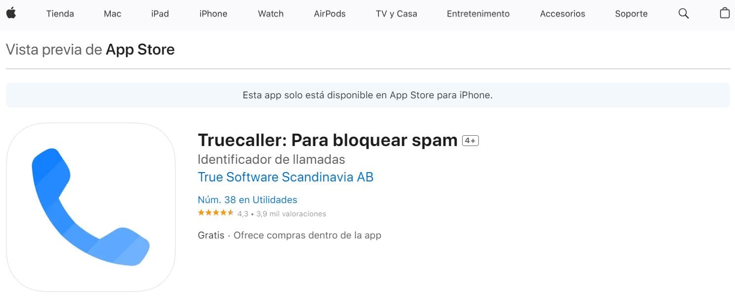 Página de descarga de la aplicación TrueCaller en Apple App Store