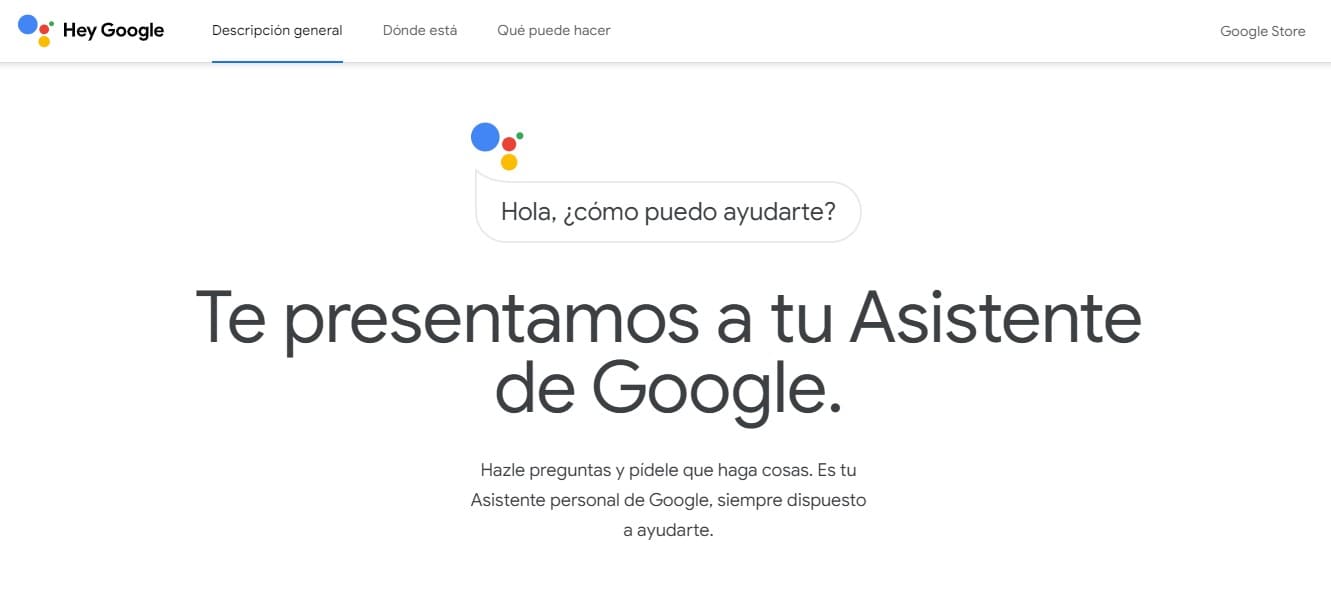 Vista de la página web del Asistente de Google