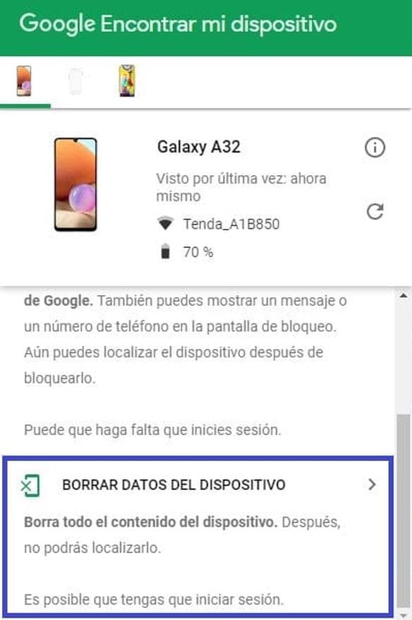Vista de la opción borrar datos del dispositivo desde Google Encontrar mi dispositivo. seguro