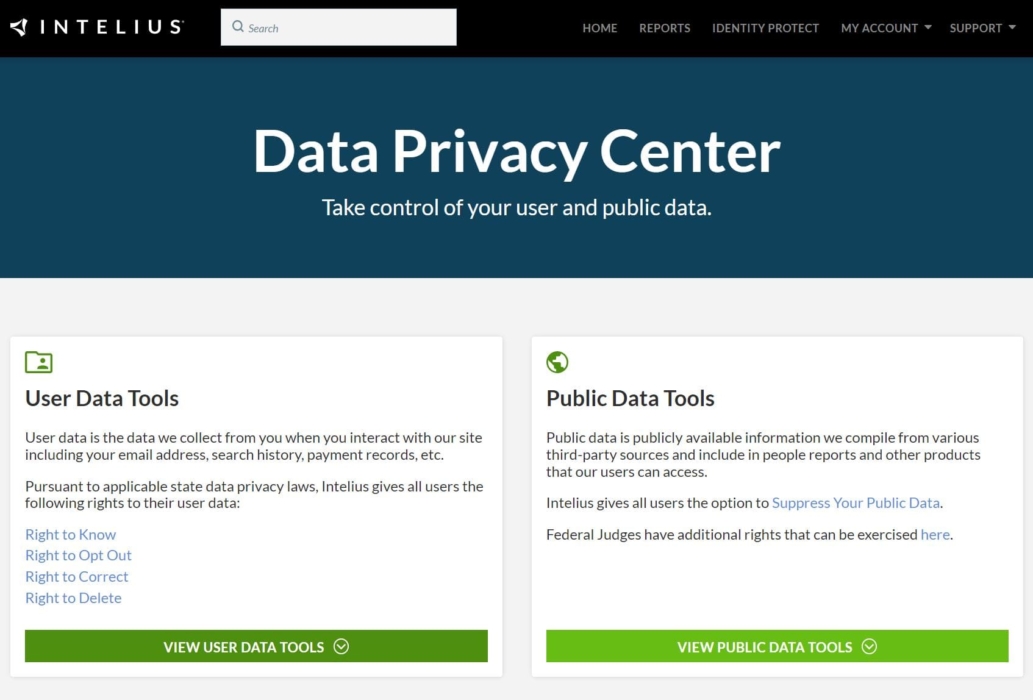 centro de privacidad de datos en su sitio web intelius