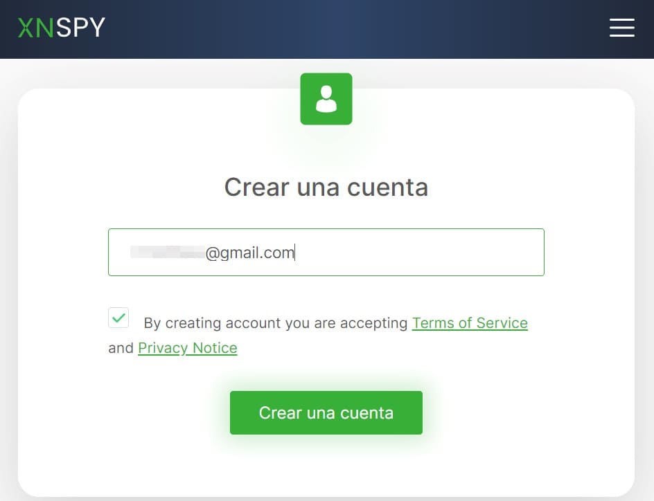Ventana para introducir el correo electrónico para crear una cuenta desde Android en XNSPY
