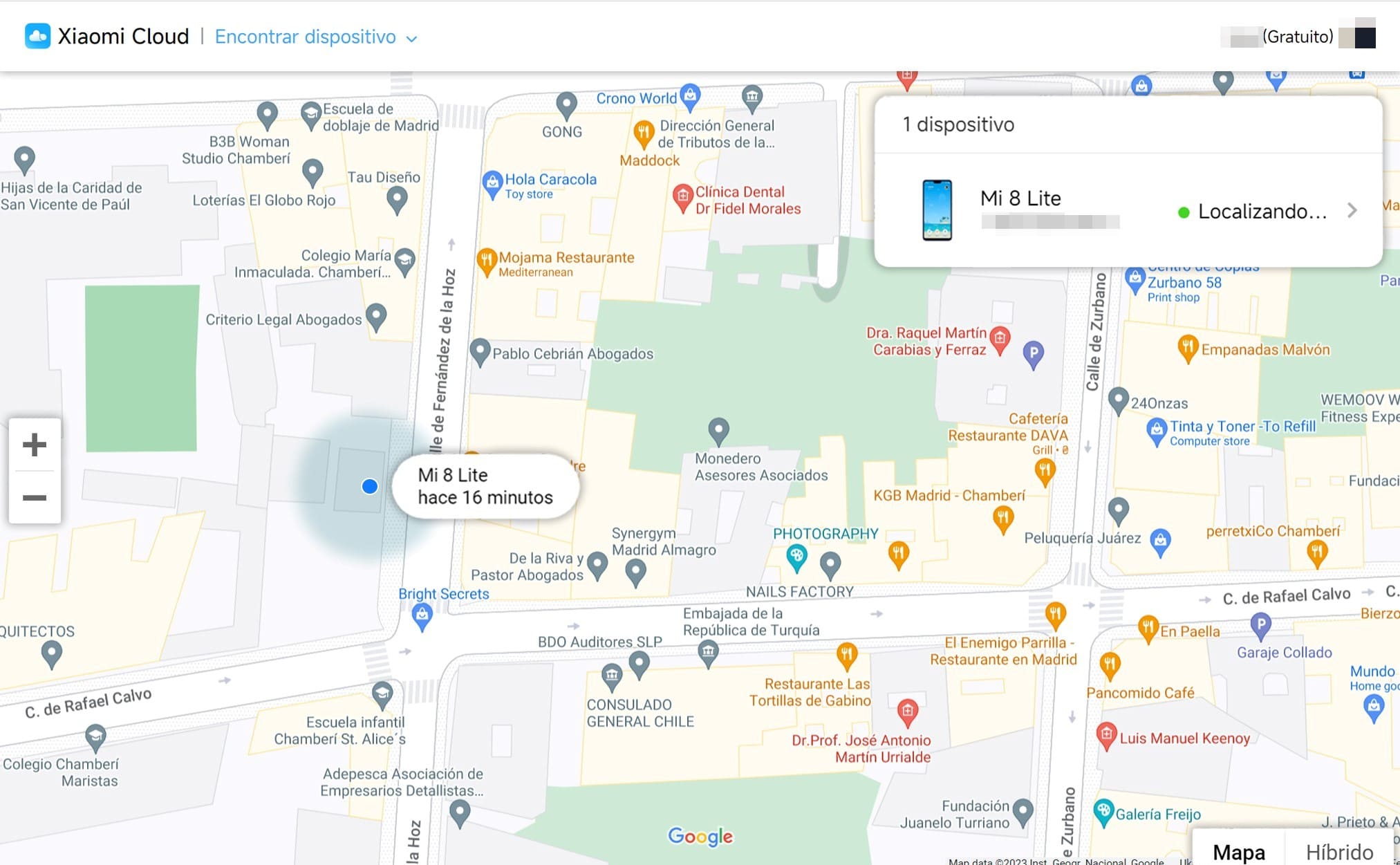 Una imagen de un teléfono localizado en Google maps con Mi Find Device