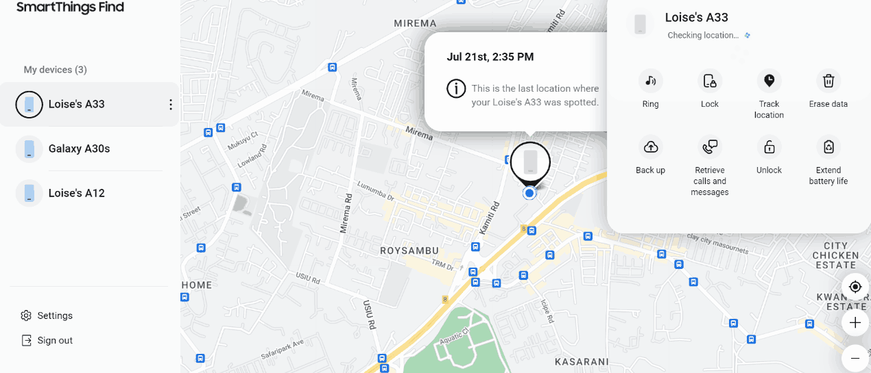 Un gif de SmartThings Find rastreando la ubicación de un teléfono Samsung en su sitio web