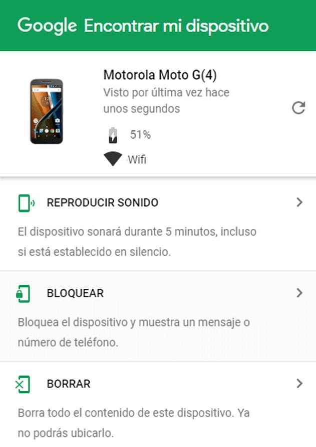 Vista de la opción Google Encontrar mi dispositivo para rastrear un Motorola