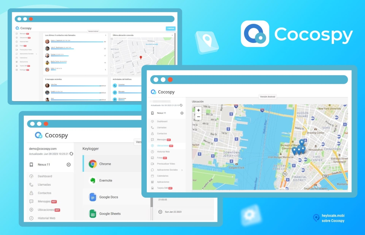 Un collage que muestra varias capturas de pantalla de la interfaz de la aplicación Cocospy. Las imágenes incluyen diferentes paneles, como un panel de control, un rastreador de ubicación con un mapa y los chats de WhatsApp más utilizados.