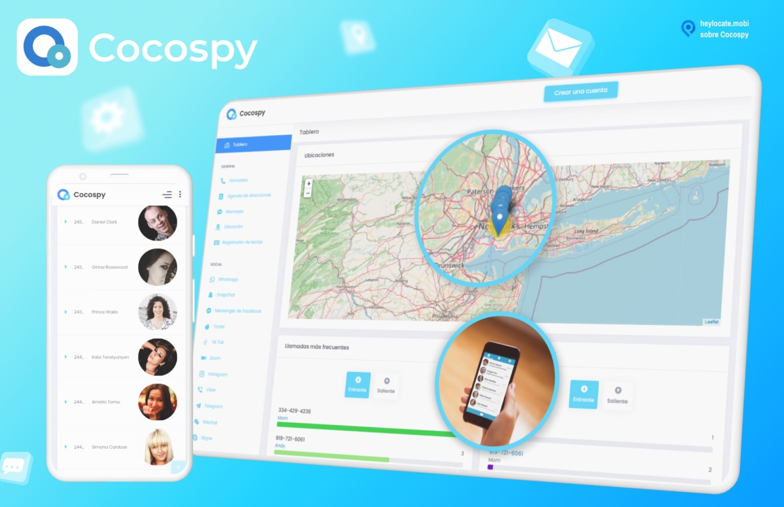 Imagen para Cocospy, mostrando un smartphone y un navegador con la interfaz de la aplicación mostrando un mapa con pines de localización, una lista de contactos, y una persona sosteniendo un smartphone haciendo una demostración de la aplicación