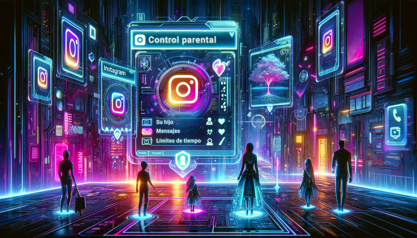 Tres adultos y tres niños de pie en el ecosistema de instagram frente a grandes pantallas brillantes con logotipos de instagram y la más grande revelando información sobre el control parental