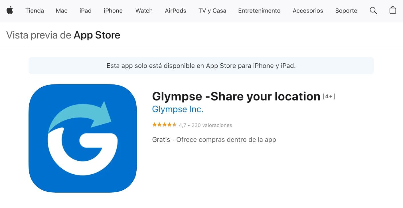 Vista de la página de inicio de Glympse en la App Store