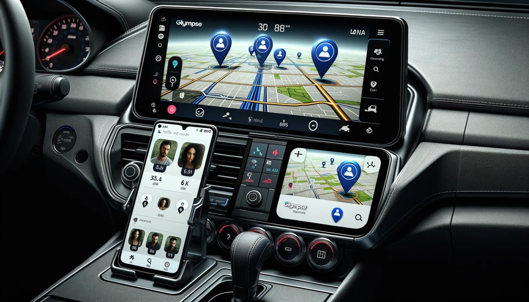 Panel de coche con gadgets para la localización GPS en Glympse