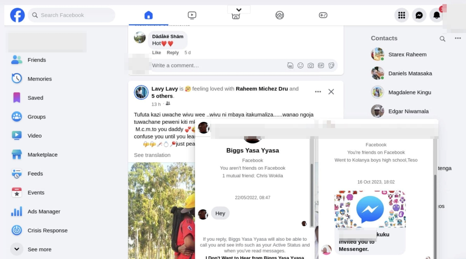 Captura de pantalla de mensajes leídos de otros usuarios de Facebook