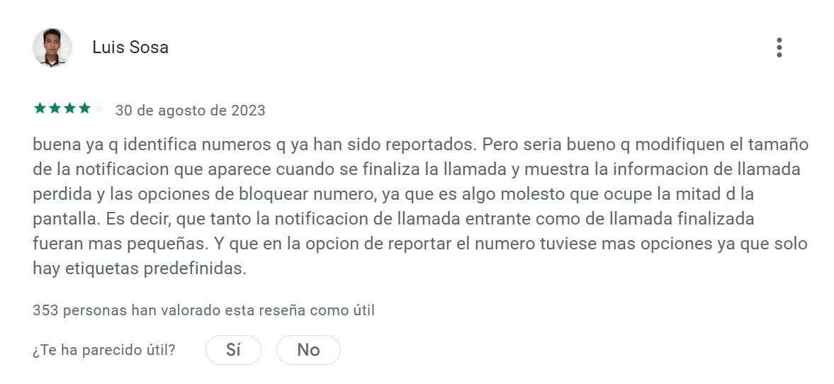 Una imagen de una reseña positiva de un cliente sobre Truecaller en Google Play