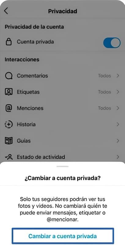 Vista de la opción de cambiar la cuenta a privada en Instagram