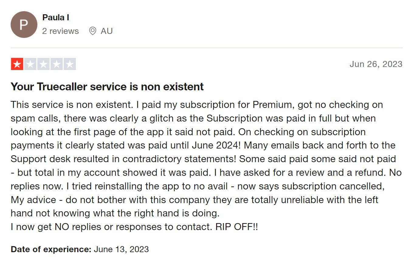Una imagen de una reseña negativa de un cliente sobre Truecaller en Trustpilot