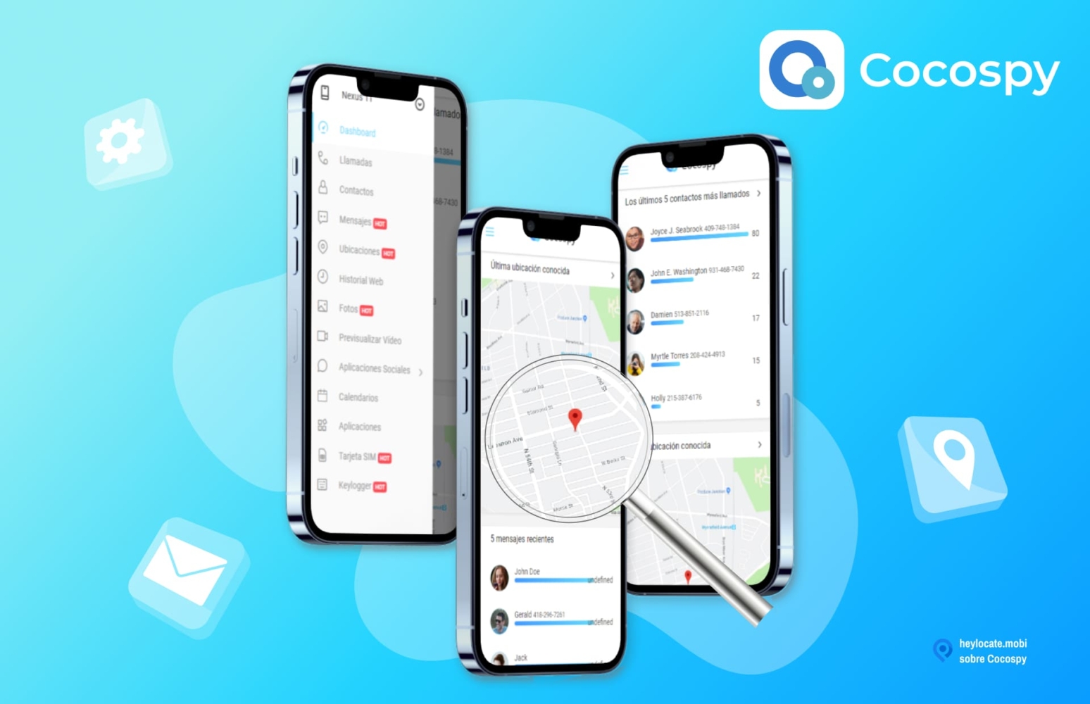 Imagen promocional de Cocospy que muestra la interfaz de la aplicación en smartphones. La interfaz incluye opciones como llamadas, mensajes, ubicaciones y un mapa que muestra una localización.