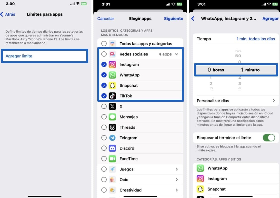 Capturas de pantalla de iPhone con pasos sobre cómo bloquear aplicaciones mediante límites para apps.