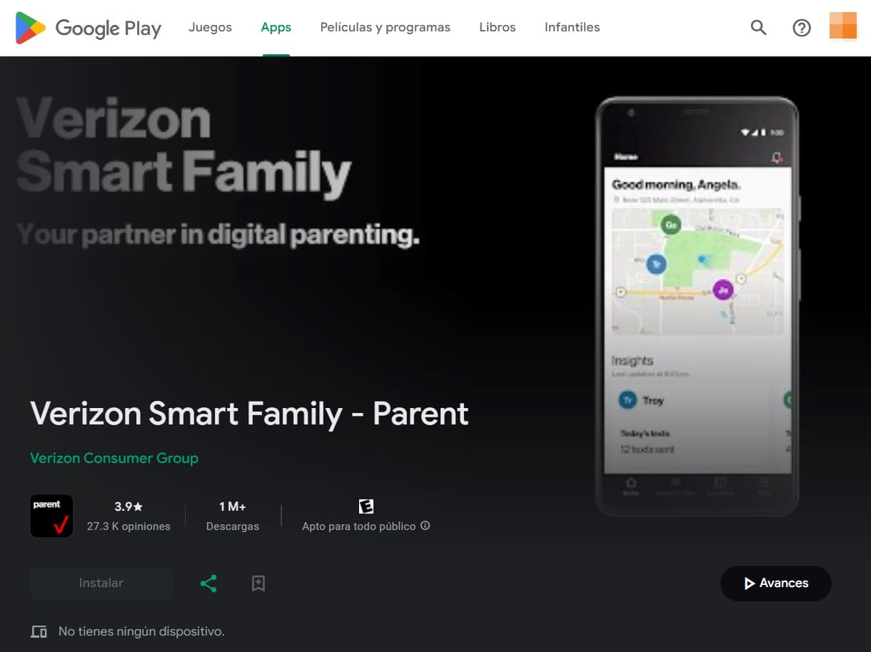 Ver la página de inicio de la aplicación Smart Family de Verizon en Google Play con un botón para instalarla en tu teléfono