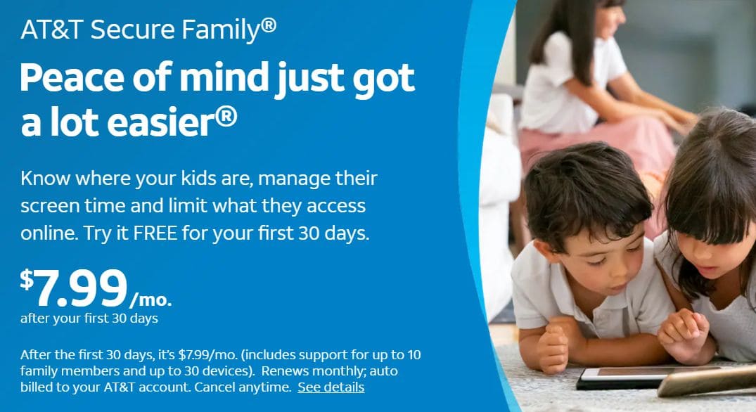 Información del sitio web sobre los costes de AT&T Secure Family una vez finalizado el periodo de prueba