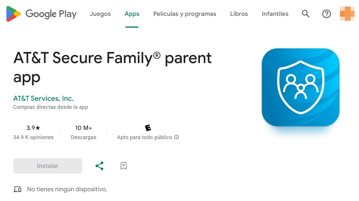 Ver la página de inicio de AT&T Family Locator en Google Play con un botón para instalarlo en tu teléfono