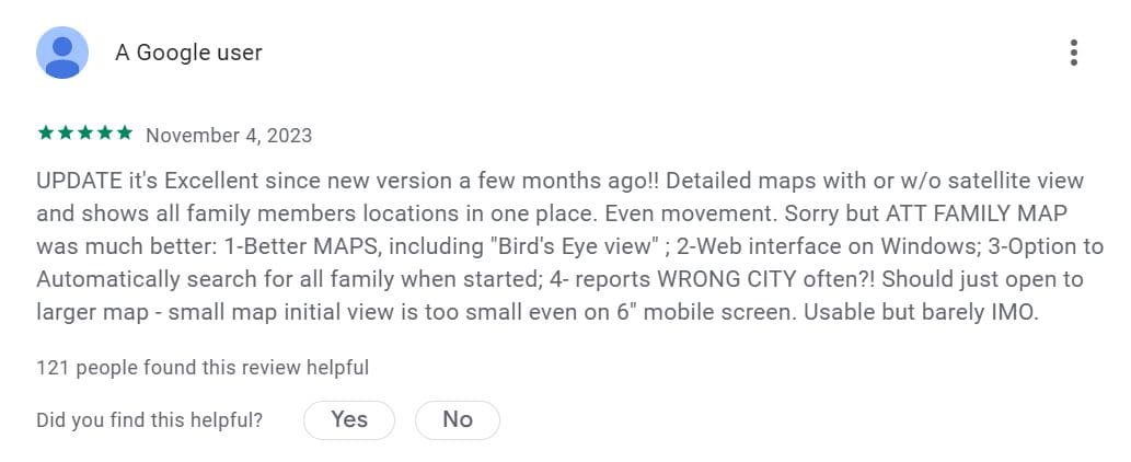 Imagen de una opinión positiva de un cliente de AT&T Secure Family en Google Play