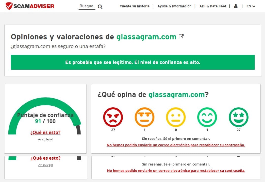 Índice de confianza de Glassagram en el sitio web del Asesor de fraudes