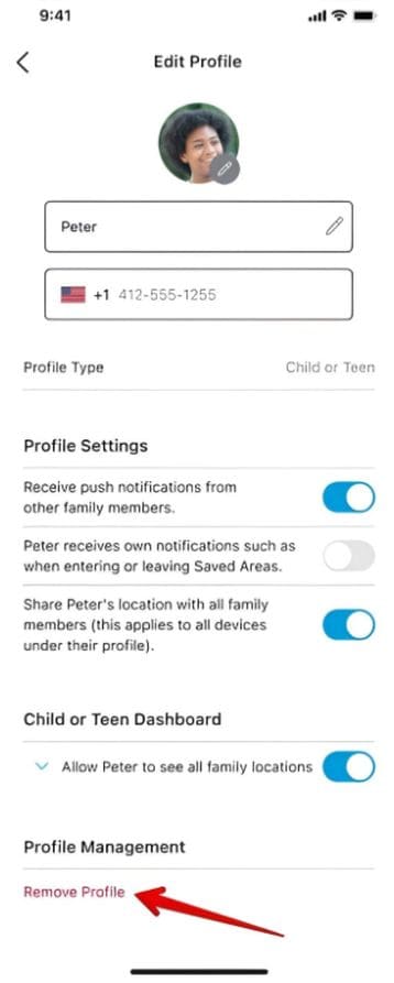 Captura de pantalla que muestra cómo eliminar un perfil AT&T Secure Family
