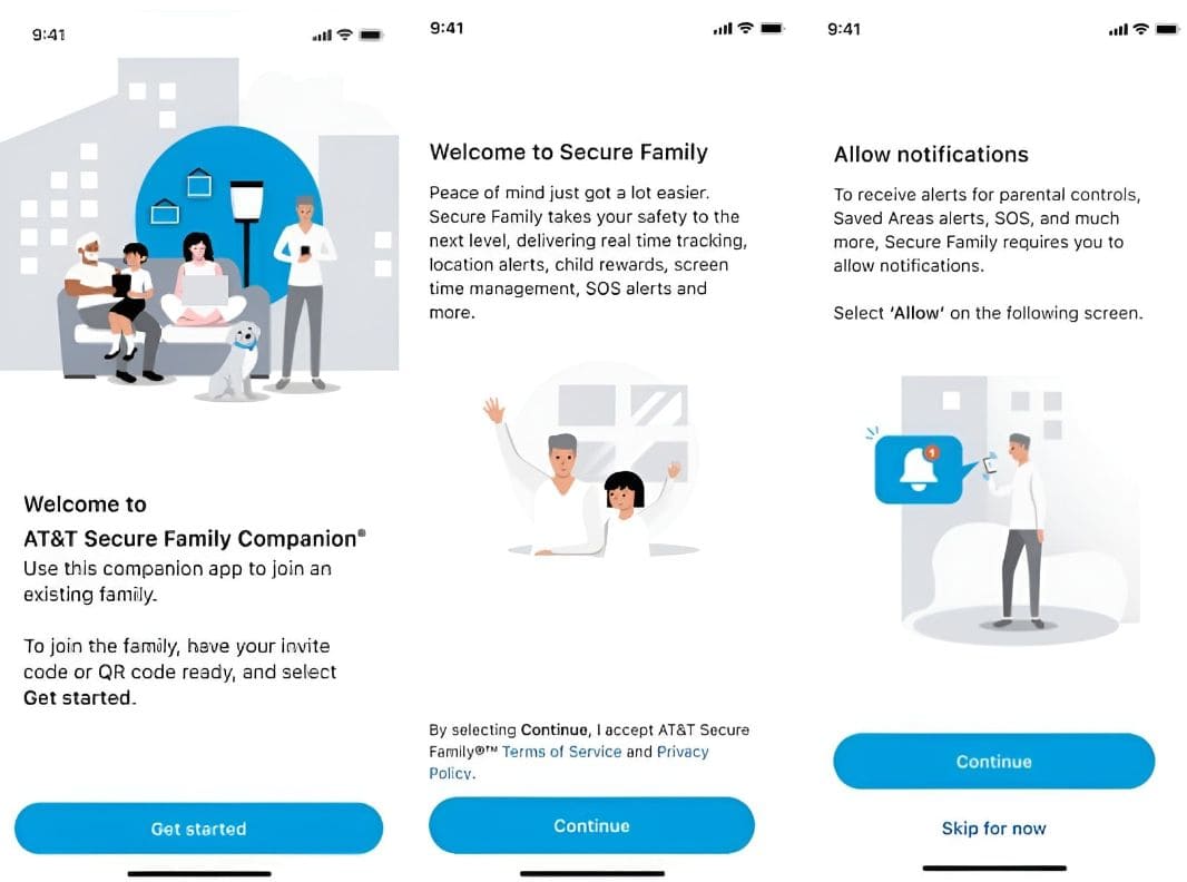 Tres capturas de pantalla que muestran cómo emparejar tu dispositivo con el dispositivo AT&T Secure Family de tu hijo