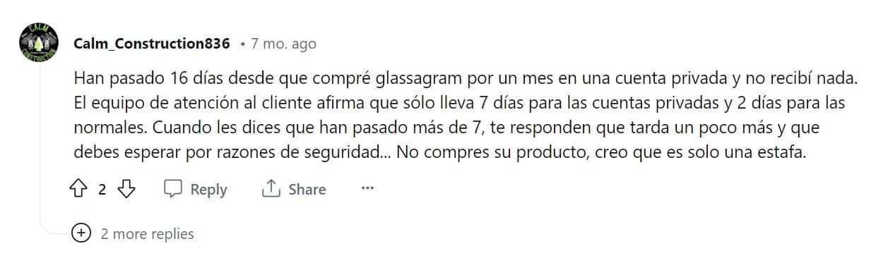 Imagen de una reseña de glassagram en Reddit