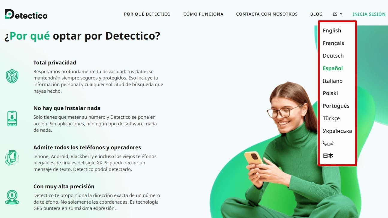 Imagen de la página web de Detectico en la que se muestran los once idiomas sobre un fondo de información sobre por qué elegir Detectico