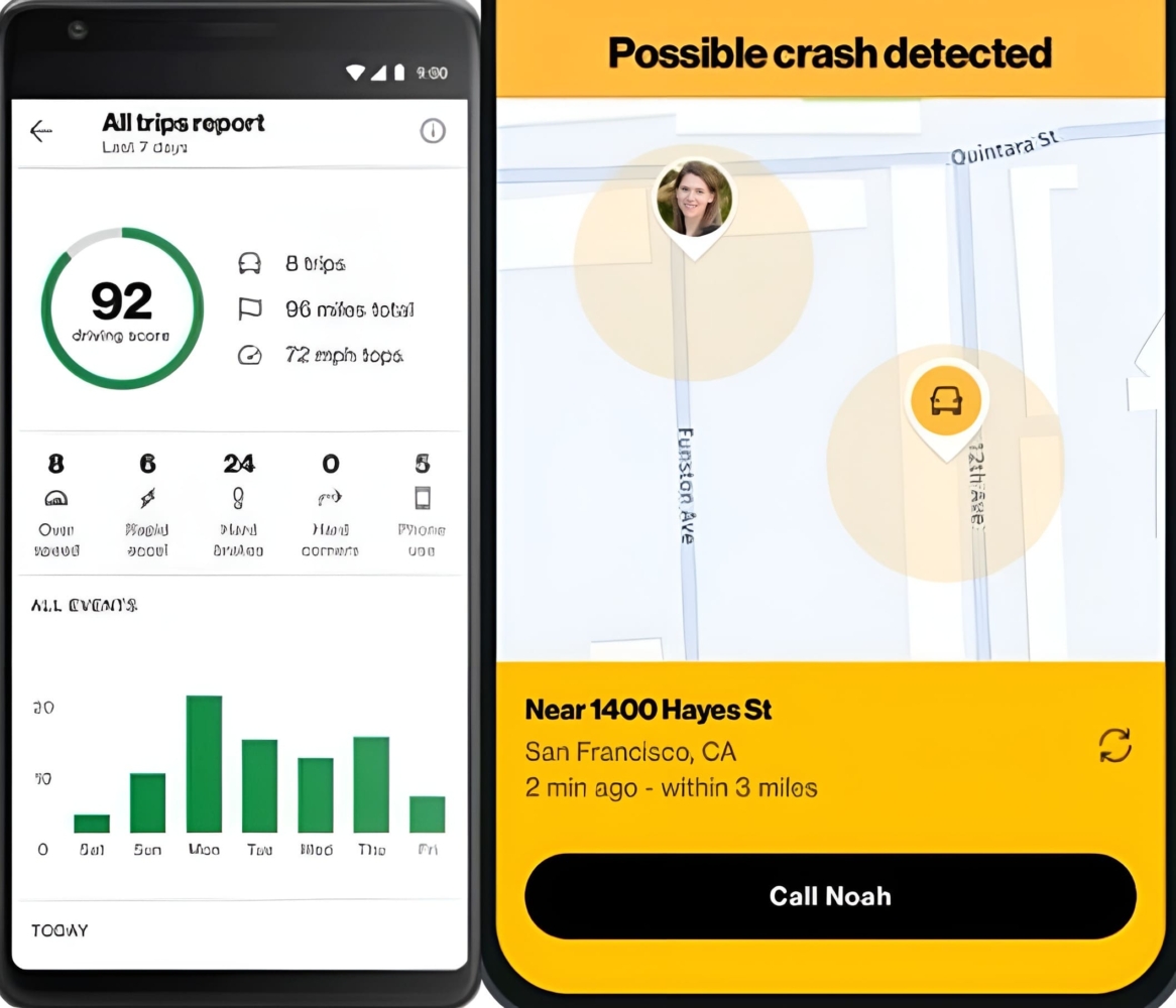 Una imagen de la función de información al volante y detección de colisiones en la aplicación Smart Family