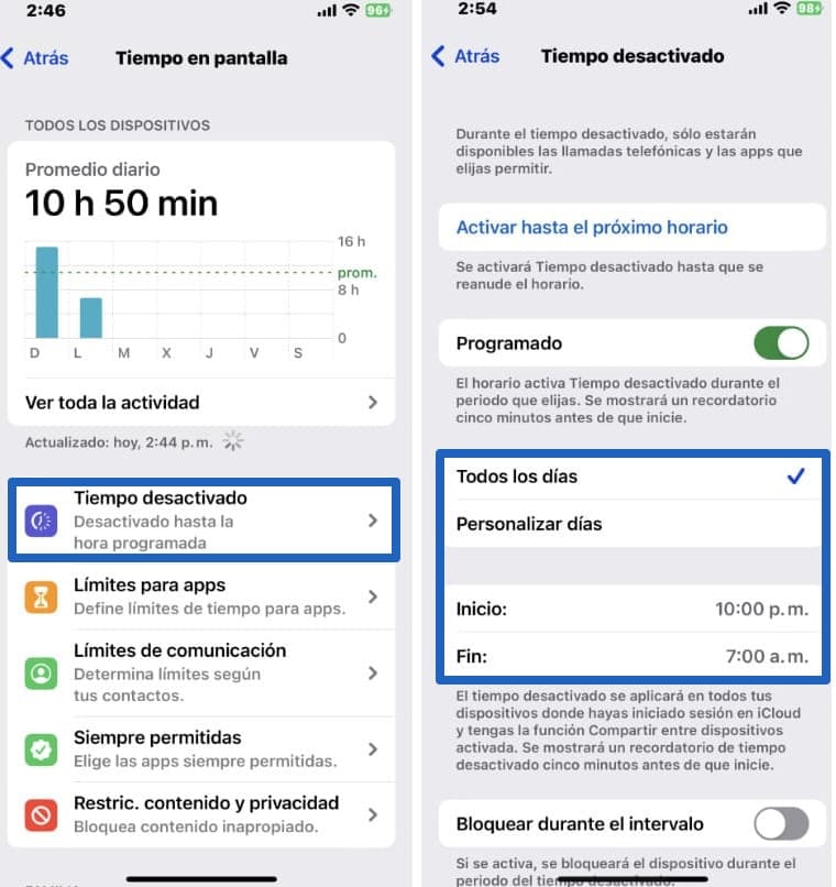Capturas de pantalla de iPhone con pasos sobre cómo bloquear ciertas aplicaciones en iPhone usando Tiempo desactivado en Ajustes