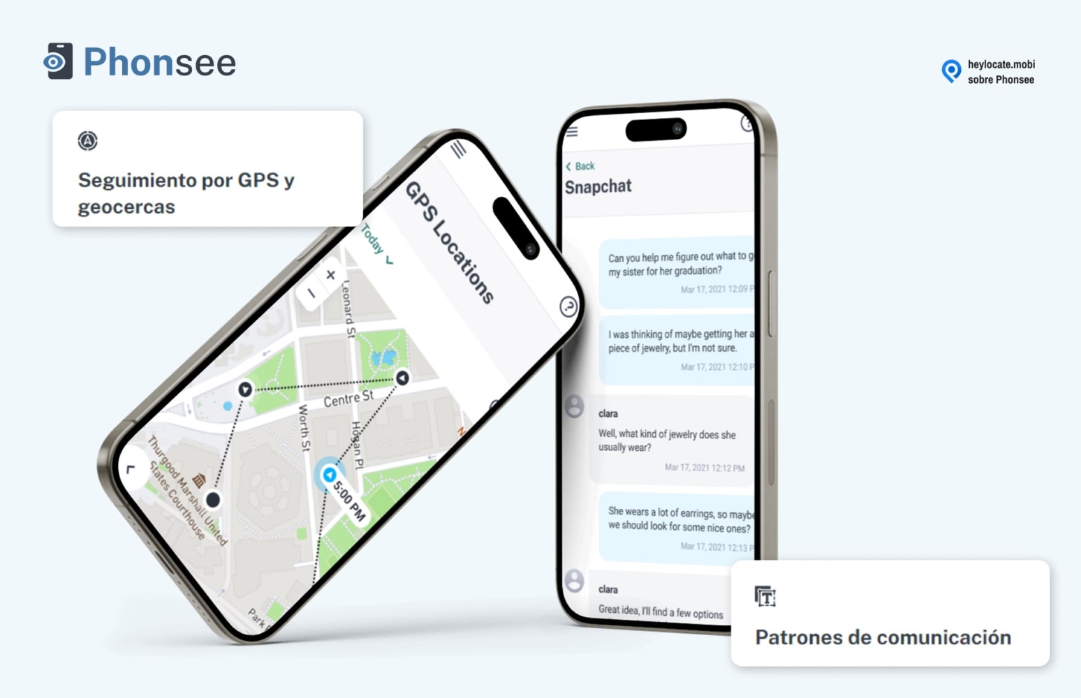 Ilustración de un smartphone que muestra una aplicación de seguimiento GPS con un mapa y chinchetas de ubicación en el lado izquierdo, y otro smartphone que muestra una aplicación de mensajería con una conversación en el lado derecho, que representan las características del servicio de seguimiento móvil y supervisión de comunicaciones de Phonsee.