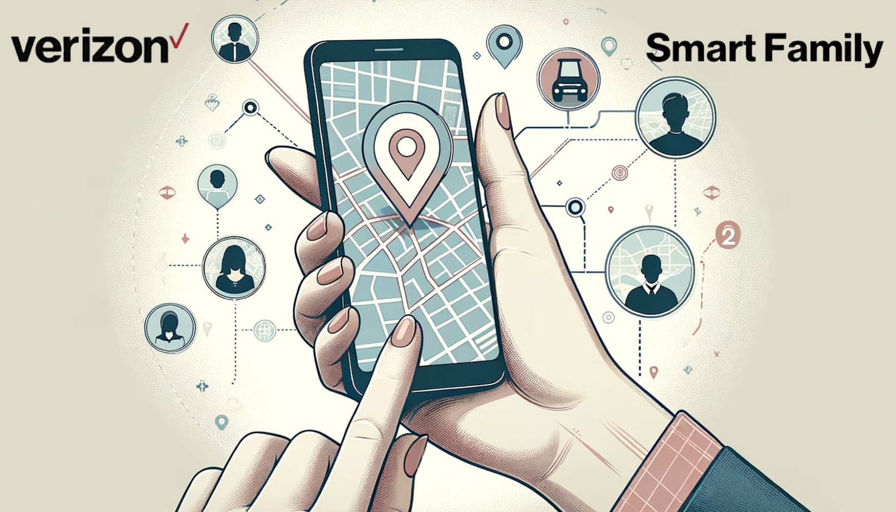Imagen para el servicio Smart Family de Verizon de las manos de una mujer sosteniendo un teléfono con una ubicación en un mapa sobre él