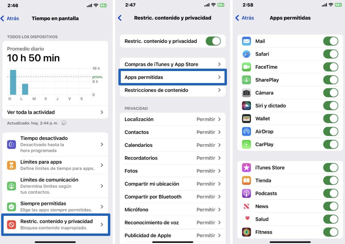 Capturas de pantalla de iPhone con pasos para bloquear aplicaciones mediante restricciones de contenido y privacidad