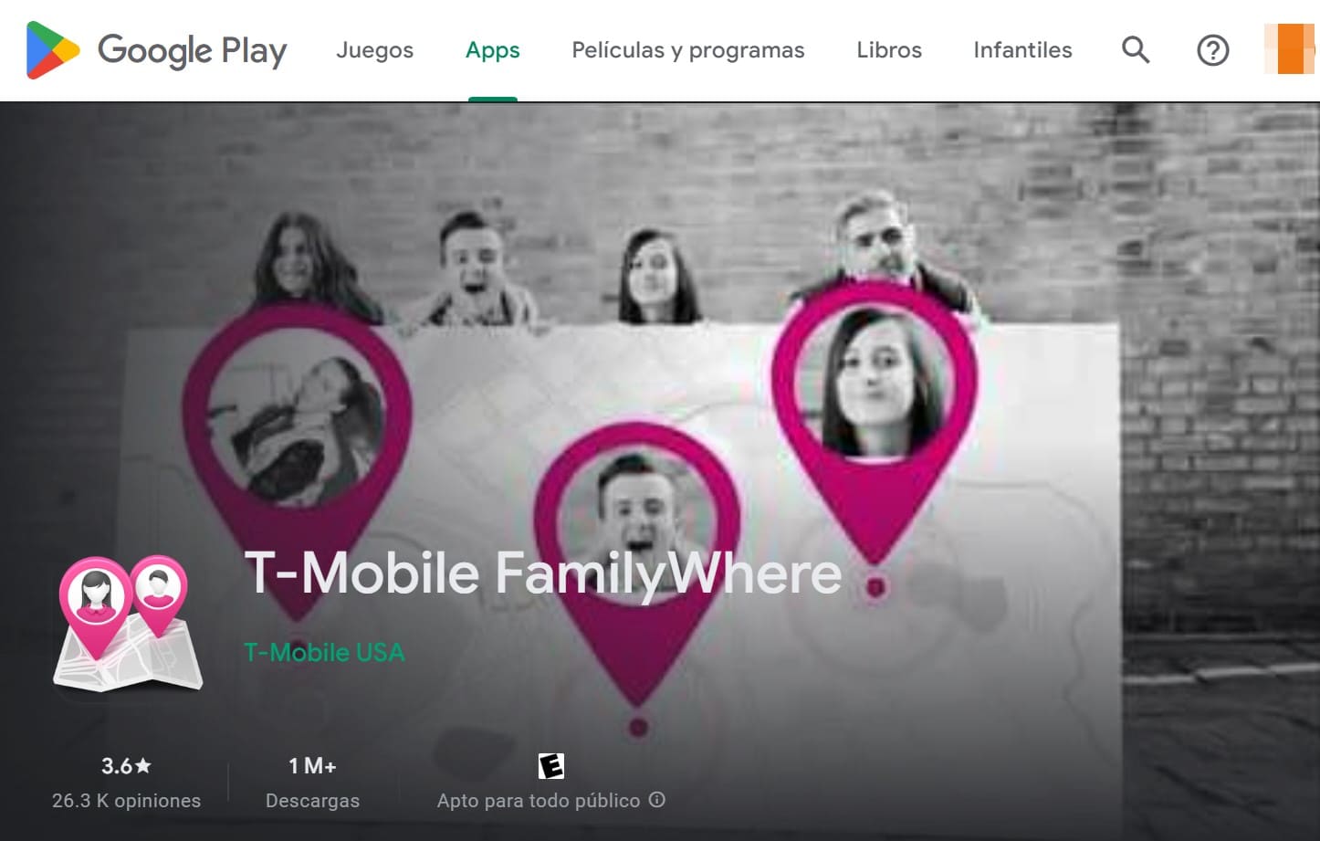 Ver la página de inicio de T-Mobile FamilyWhere en Google Play con un botón para instalarlo en tu teléfono