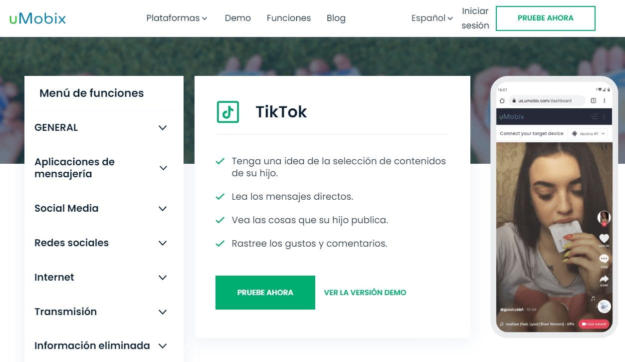 Vista de la página con información sobre el uso de TikTok en uMobix