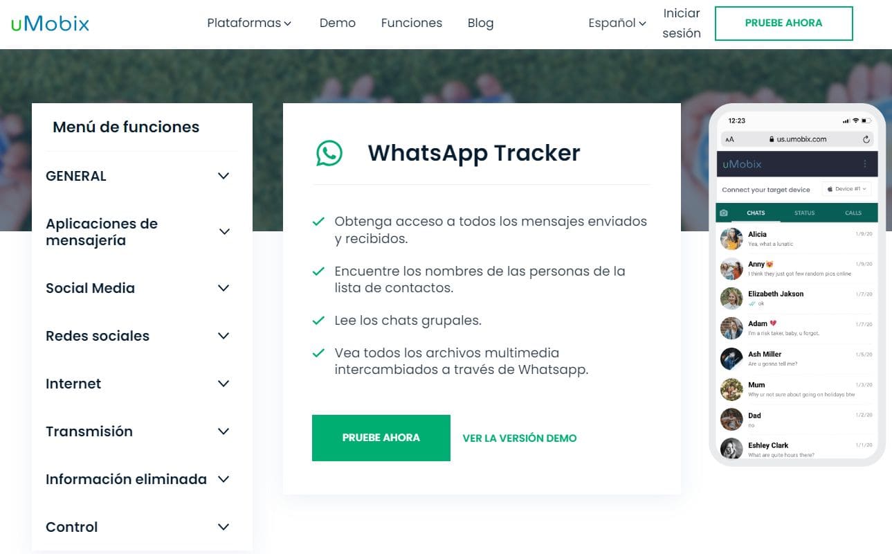 Una imagen de uMobix WhatsApp tracker en su página web