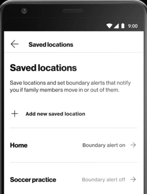Una imagen de las ubicaciones guardadas en la aplicación familiar Smart de Verizon